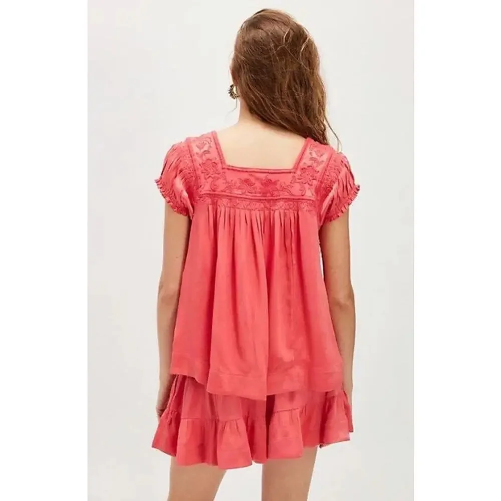 Free People Rivington Skirt Set Embroidered Boho Deep Sea Coral Orange Med NWT